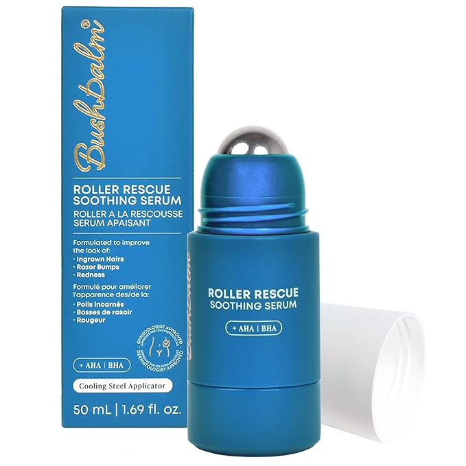Bushbalm Bushbalm Roller Rescue Ingrown Hair Serum, Includes AHA and BHA - Exfoliating, Soothing, Cooling for Intimate Areas, Underarms - Helps With Razor Bumps and Ingrown Hairs, Blue 50 ml Exfoliator