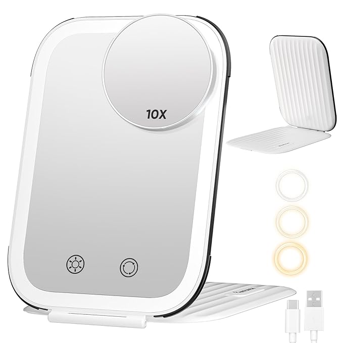 FUNTOUCH Rechargeable Travel Makeup Mirror with Lights and Small 10X Magnification,Light up Portable Vanity Mirror with 80 Leds,2000mAh Battery,Brightness Adjustable,3 Lighting, Dimming Compact Mirror skincare