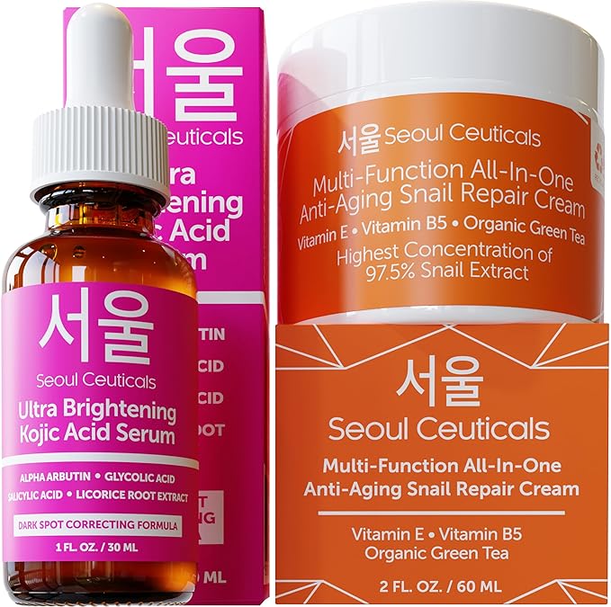 SeoulCeuticals SeoulCeuticals Kojic Acid Serum + Snail Mucin Cream - Korean Anti Aging Skincare Set Exfoliator