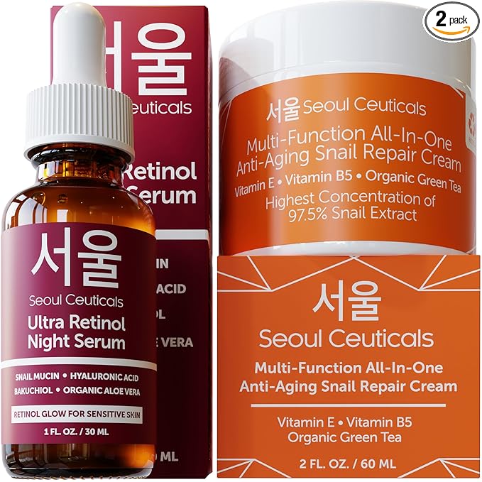 SeoulCeuticals SeoulCeuticals Retinol Serum + Snail Mucin Moisturizer Cream - Korean Anti Aging Skincare Set Serum