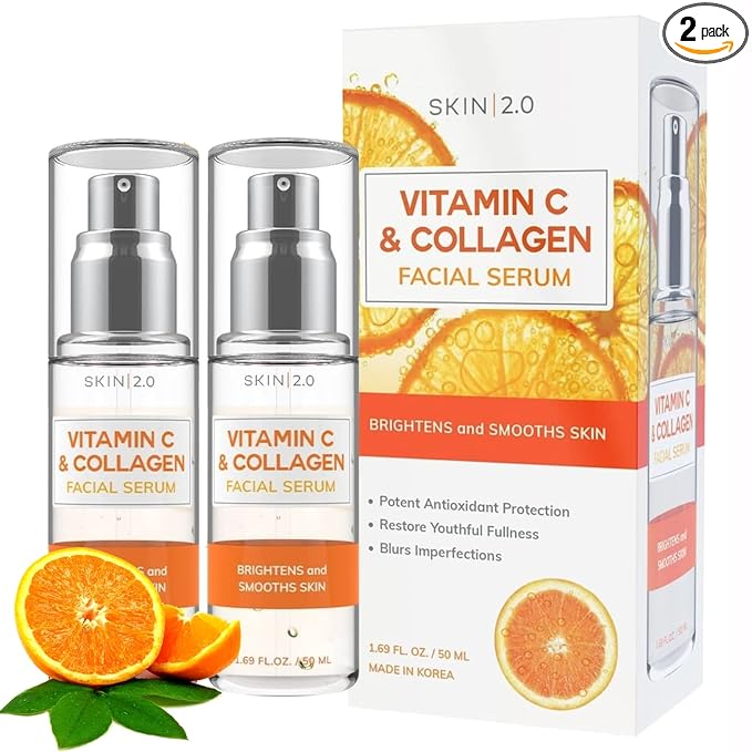 Skin 2.0 Vitamin C Serum with Collagen - Anti-Aging & Dark Spot Remover - Dermatologist Tested Korean Skincare for Brightening & Acne - Clean Beauty, Cruelty-Free, All Skin Types - 1.69oz (2-Pack) Serum