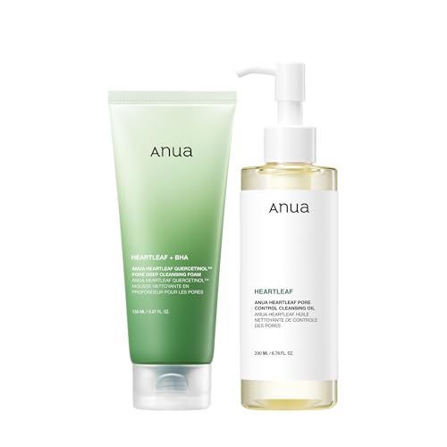 ANUA ANUA Double Cleansing Duo for Facial Cleansing : Heartleaf Pore Control Cleansing Oil & Quercetinol Pore Deep Cleansing Foam for Double Cleansing, Korean Skincare Korean Oil Cleanser