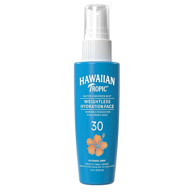 Hawaiian Tropic Hawaiian Tropic Weightless Hydration Water Mist for Face SPF 30, 2.1 Fl Oz, Travel Size SPF Face Mist Hydrating Spray, Non-Comedogenic Sunscreen Facial Mist, Non-Aerosol Sunscreen Spray, 2.1 Fl Oz Sunscreen