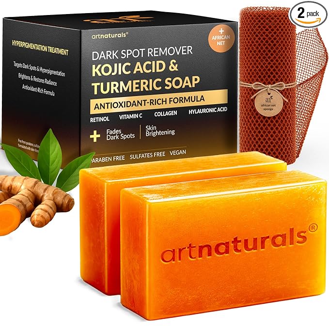 Artnaturals Kojic Acid Soap + African Net Sponge (2 pack X 142g Turmeric bars) Dark spot remover & Scars - Original Japanese Complex Vitamin C, Hyaluronic Acid, retinol, shea butter (Citrus) skincare