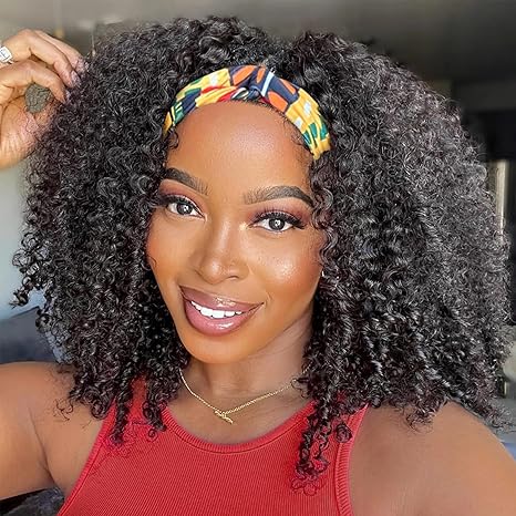 XSY XSY Headband Wig Human Hair Kinky Curly 16 Inch Glueless Headband Wig Deep Curly No Lace Front Wigs Human Hair for Black Women 150% Density Wig Natural Color skincare