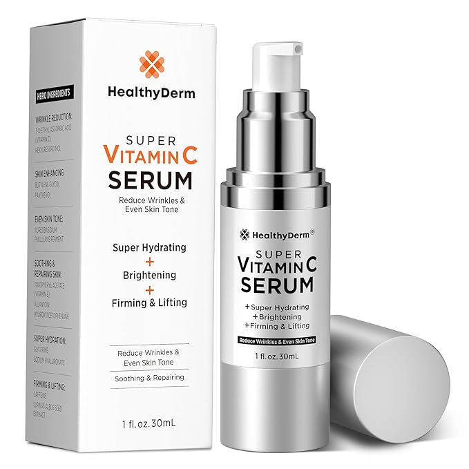 HealthyDerm Super Vitamin C Serum for Women Over 70: Niacinamide, Vitamin C, Hyaluronic Acid, Peptides, Vitamin E, Caffeine, Bakuchiol, Hydrating, Lifting, Face Wrinkle & Age Spots Reduction Serum