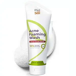 Piel del Sol cosmetics Acne Foaming Wash Cleanser, Benzoyl Peroxide Acne Treatment for Face, Body, pH Balancing - Fragrance-Free Foam Face Wash Moisturizer with Licorice Root, Vitamin E, Antioxidants 250ml. Water Cleanser