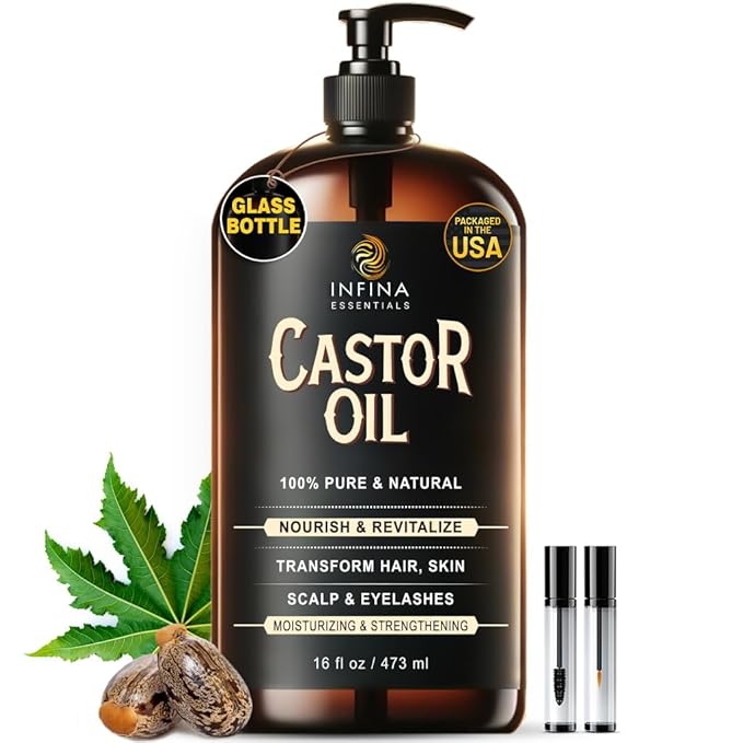 INFINA ESSENTIALS Pure Cold Pressed Castor Oil - Hexane Free, Glass Bottle for Hair Growth, Face, Scalp, Skin & Eyelashes - Nourishing and Moisturizing - 16 fl oz Moisturiser