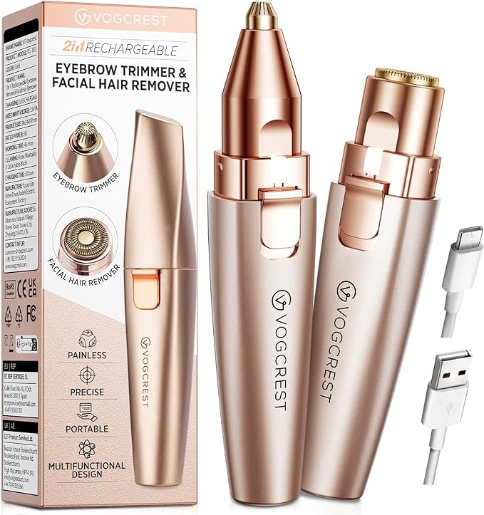VG VOGCREST VG VOGCREST Eyebrow & Facial Trimmer: 2 in1 Rechargeable Facial Hair Removal & Eyebrow Shaver - Body Razor with Built-in LED Light (Rose Gold) skincare