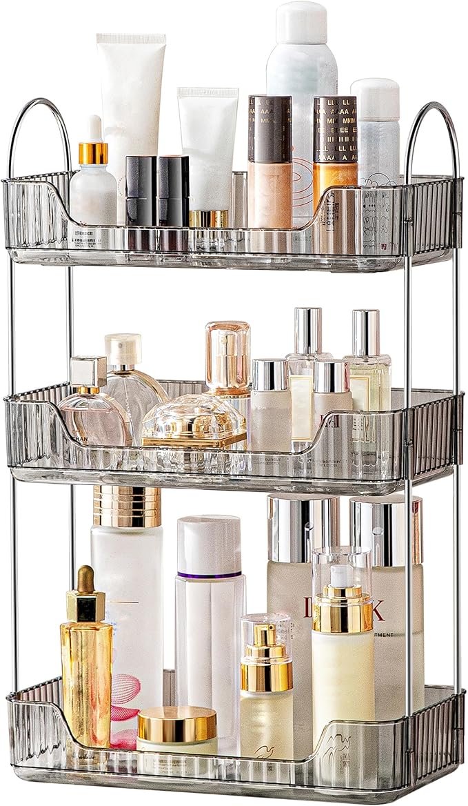 akinbas 3 Tier Bathroom Organizer Countertop Makeup Perfume Tray Skincare Organizer for Bathroom Dresser Vanity (Grey) skincare