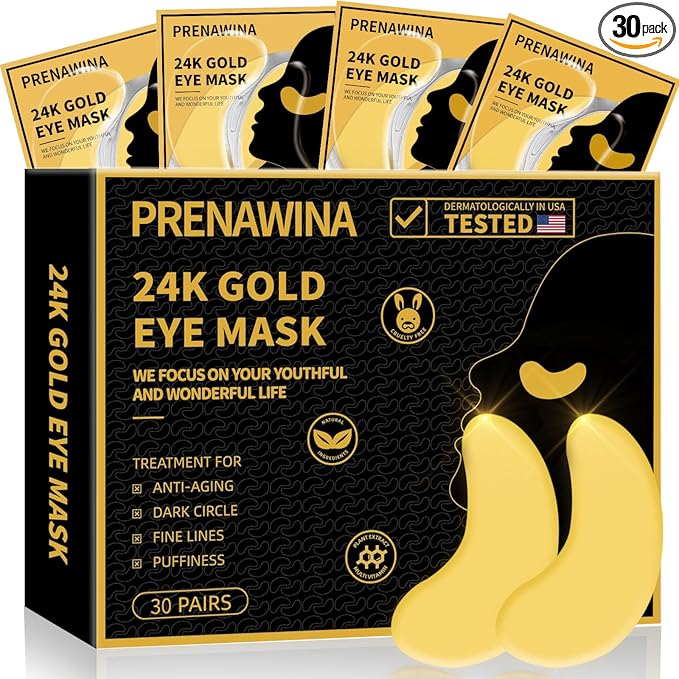 Prenawina Under Eye Patches for Puffy Eyes Treatment 30 Pairs, 24K Gold Under Eye Masks for Dark Circles and Puffiness, Eye Gel Pads w/ Collagen, Sodium Hyaluronate, Rose Essence for Eye Bags Treatment Toner