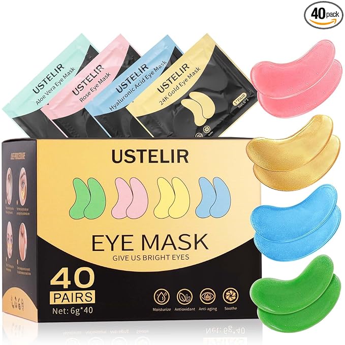 USTELIR Under Eye Patches, 40 Pairs Eye Mask for Dark Circles, Puffy Eyes,Undereye Bags,Wrinkles,Eye Mask Patches with 24K Gold, Hyaluronic Acid,Rose & Aloe Vera, Eye Treatment Skin Care for Men & Women Gift skincare
