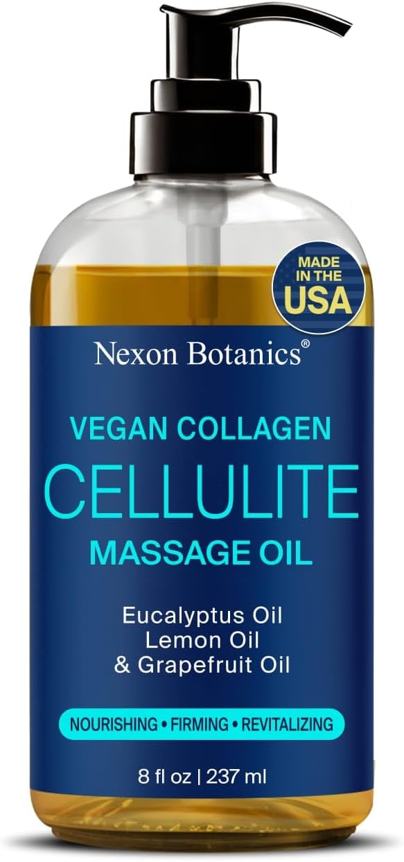 Nexon Botanics Anti-Cellulite Massage Oil for Massage Therapy 8 fl oz - Refreshing and Relaxing - Natural Oils with Vegan Collagen and Stem Cells - for Men and Women - Nexon Botanics skincare