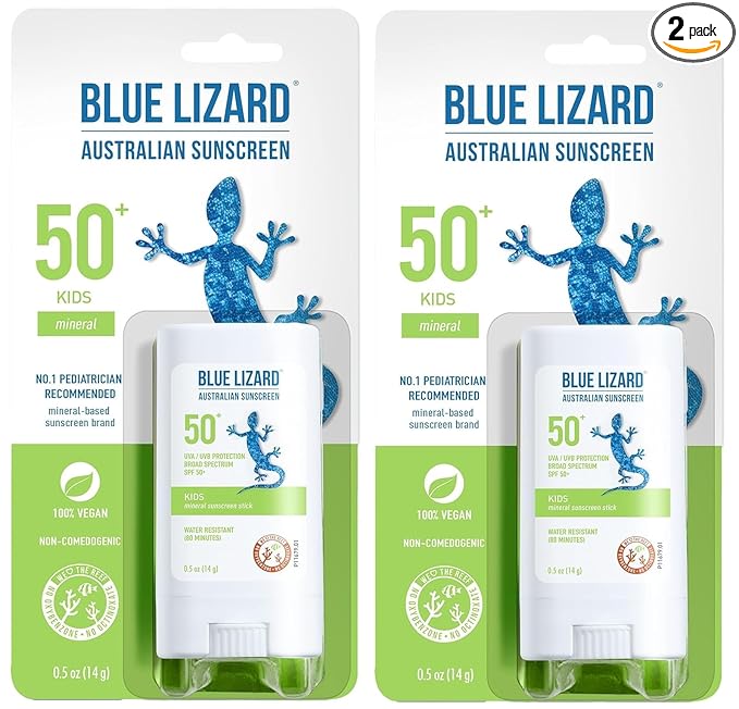 BLUE LIZARD BLUE LIZARD Mineral Sunscreen Stick with Zinc Oxide SPF 50+ Water Resistant UVA/UVB Protection Easy to Apply Fragrance Free, Kids, Unscented, 0.5 oz (Pack of 2) Sunscreen