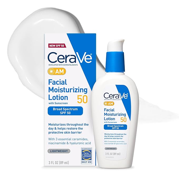 CeraVe CeraVe AM Facial Moisturizing Lotion SPF 50, Face Moisturizer with SPF, Hyaluronic Acid, Niacinamide & Ceramides, Non-Greasy, Blends Seamlessly With No White Cast, Non Comedogenic Sunscreen, 3 Oz Korean face wash
