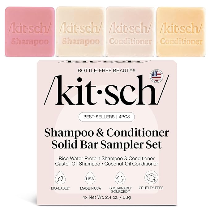 Kitsch Shampoo and Conditioner Set - 4pc Sampler Bars with Rice Water Shampoo and Conditioner, Castor Oil Shampoo & Coconut Oil Conditioner - Bottle-Free Beauty for Hair Growth, Repair & Moisture Moisturiser