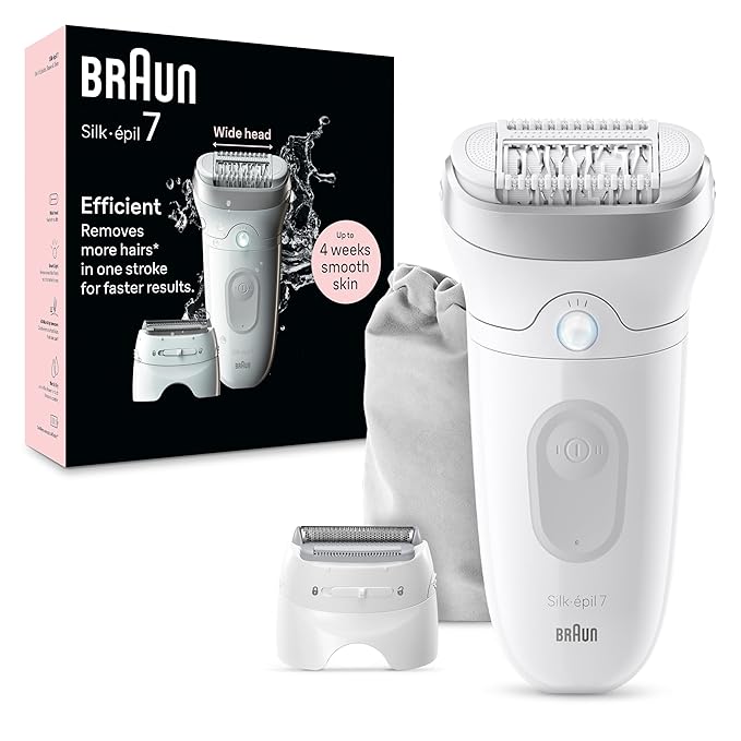 Braun Braun Epilator Silk-épil 7, Hair Removal Device, Women Shaver & Trimmer, Wet and Dry, Wide Head, Includes Shaver Head and Trimmer Comb, SE7-041, Silver skincare