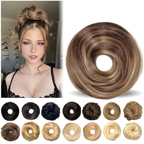 MINGATEC Human Hair Bun, Messy Bun Hair Piece, Messy Bun Scrunchie, Updo Hairpiece for Women Girls (Chocolate Brown Mixed Caramel Blonde) skincare