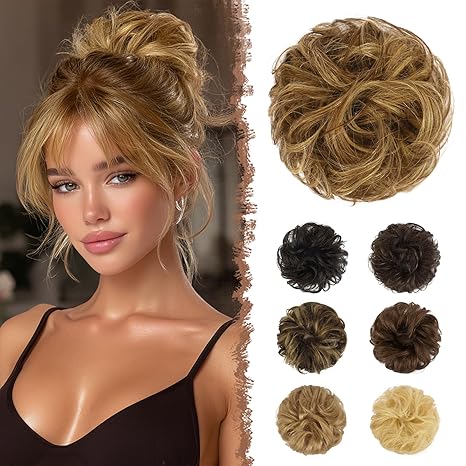 FESHFEN FESHFEN Human Messy Buns - 100% Human Hair Bun Real Scrunchies Hair Pieces Ponytail Extensions Wavy Tousled Updo Chignon Hairpieces for Women，Light Brown Mixed Blonde skincare
