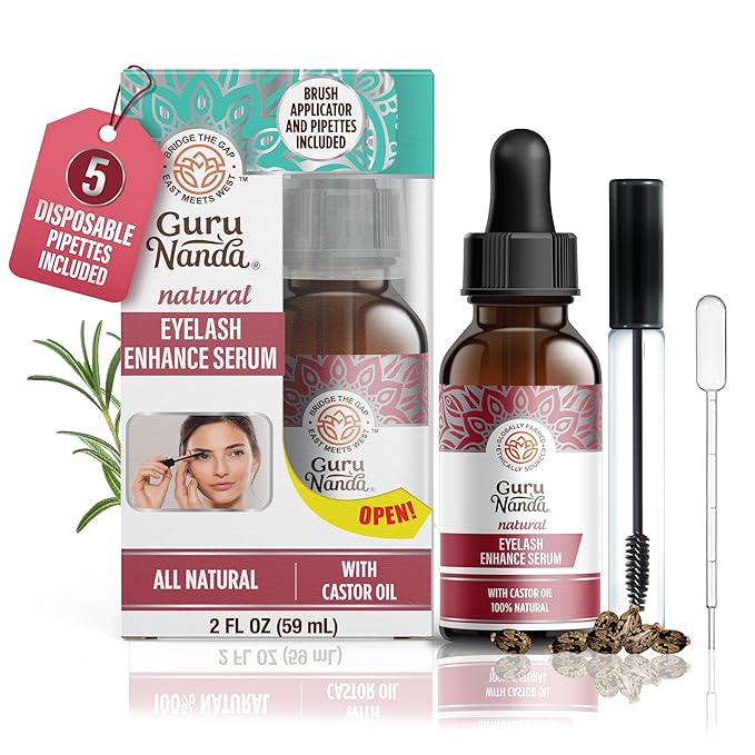 GuruNanda GuruNanda Natural Castor Oil Eyelash Enhance Serum with Rosemary Oil - Brush Applicator & 5 Pipettes, Helps Natural Hair Growth for Eyebrows & Beards, 2 Fl Oz Serum