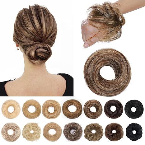 SEGO SEGO Human Hair Messy Bun Hairpieces Real Scrunchies Natural Wavy Smoothed Updo Donut Chignon Ponytail Extensions for Women Girls-#4P27 Medium Brown&Dark Blonde skincare