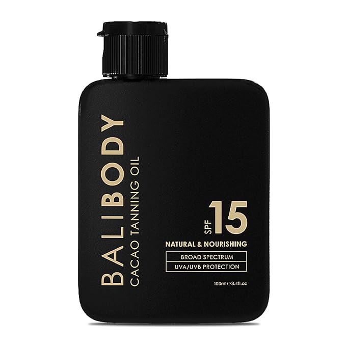 BALI BODY Bali Body Cacao Tanning Oil SPF 15 | For Deep Natural-Looking Sun Tan Glow | Hydrating Sun-Tanning Oil Made from Organic Cacao, Chocolate Tint | Vegan, Cruelty Free, Australian Made (100ml/3.4 fl oz) Makeup/Base