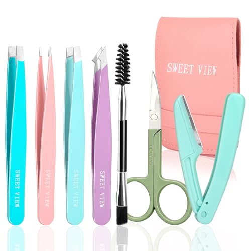 SWEET VIEW SWEET VIEW 7pcs Eyebrow Tweezers Kit for Women Precision Plucker with Brow Scissors & Razor & Spoolie for Facial, Chin, Brow, Splinter and Ingrown Hair skincare