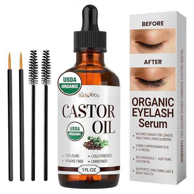 BodyJ4You BodyJ4You Organic Castor Oil for Hair Growth: Natural Eyelashes Serum for Lashes and Eyebrows - Glass Bottle 1 Fl Oz Serum
