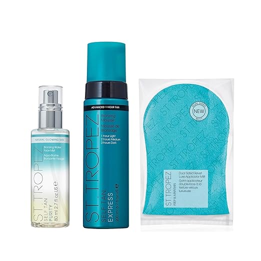 St.Tropez Face & Body Bundle | Express Mousse 6.7 Fl Oz, Develops in 1-3 Hours | Purity Face Mist 2.7 Fl Oz | Double Sided Luxe Mitt for Streak-Free Tan | Vegan & Cruelty Free Korean face wash
