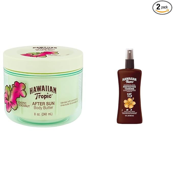 Hawaiian Tropic Hawaiian Tropic After Sun Body Butter with Coconut Oil, 8oz & Protective Tanning Oil Spray Sunscreen SPF 15, 8oz Sunscreen