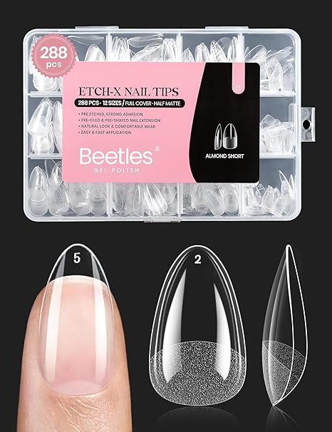 Beetles Soft Gel Nail Tips Short Almond 288pcs in 12 Sizes, Etch-X Pre-Etched Full Cover Acrylic Fake Nails Art, Salon Quality Nail Supplies, Easy DIY Nail Extension or Press On Nails, Gift for Women skincare