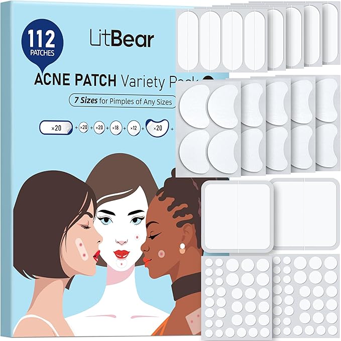 LitBear LitBear Large Pimple Patches (7 Sizes 112 Counts), Big Acne Patches, XL Hydrocolloid Bandages for Full Face, Forehead, Chin, Nose, Body, Back, Neck & Chest, Oval, Moon, Square hydrocolloid Patch skincare