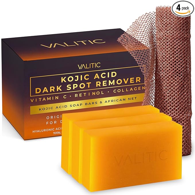 VALITIC VALITIC Kojic Acid Dark Spot Remover Soap with Turmeric, Vitamin C, Retinol - Original Japanese Complex - Hyaluronic Acid, Vitamin E, Shea Butter, Castile Olive Oil - 3 Pack Bundle with African Net skincare