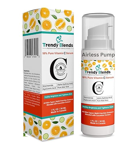 Trendy Blends 18% Vitamin C Serum with Hyaluronic Acid, Niacinamides- Brightening Face Serum for Glowing Skin - Dark Spot Corrector & Anti-Aging Formula 1Fl Oz Serum