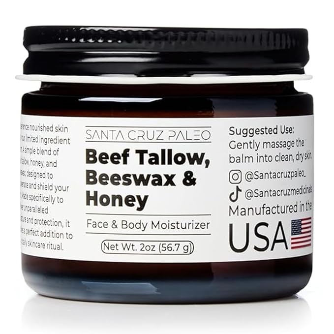 Santa Cruz Paleo Santa Cruz Paleo, Beef Tallow, Beeswax & Honey Face Moisturizer, Organic, Unscented Grassfed Beef Tallow Skin Care, Sunscreen Free, Non Comedogenic Face & Body Moisturizer for Sensitive Skin, 2 Oz Sunscreen