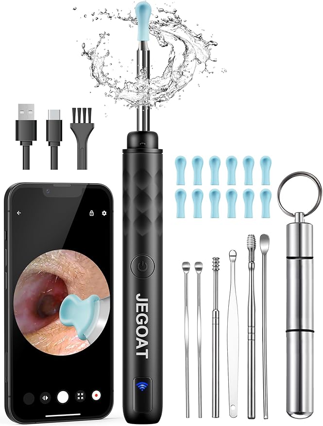 JEGOAT Jegoat Ear Wax Removal, Ear Wax Removal Tool Camera with 1296P HD Camera and 6 LED Lights, Ear Cleaner with 12 Ear Pick, Upgraded Ear Wax Removal Kit for iOS and Android, Black skincare