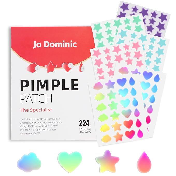 Jo Dominic 224 Counts Cute & Fashion Stars Pimple Patches for Face, Hydrocolloid Acne Patches, Zits Absorbing Patch, Covering Zits and Blemishes with Salicylic Acid, Tea Oil & Centella, Cruelty Free skincare