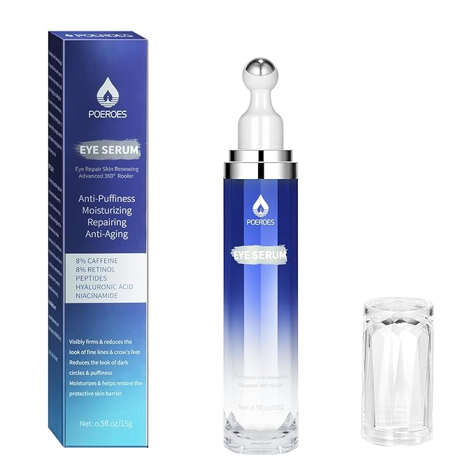 POEROES Eye Serum with 8% Caffeine 8% Retinol Hyaluronic Acid Niacinamide peptides for Puffy Bags Fine Lines Dark Circles Wrinkles, Under Eye Cream with 360° Roller Massage Ball, 0.5 fl. oz Korean face wash