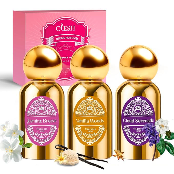 CLESH Body Spray for Women, Fragrance Mist, 3 Pack Travel Size Set, 60ml/2.1 fl oz, Vanilla Woods, Cloud Serenade, Jasmine Breeze skincare