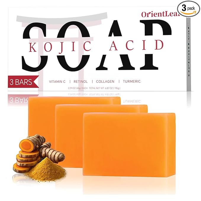 ORIENTLEAF Kojic Acid Soap, Turmeric Soap Bar for Dark Spots, Fresh Citrus Scent, Gentle for Face and Body Wash with Vitamin C, Shea Butter, Retinol, Stocking Stuffers, Christmas Gifts(3 PACK) Korean face wash