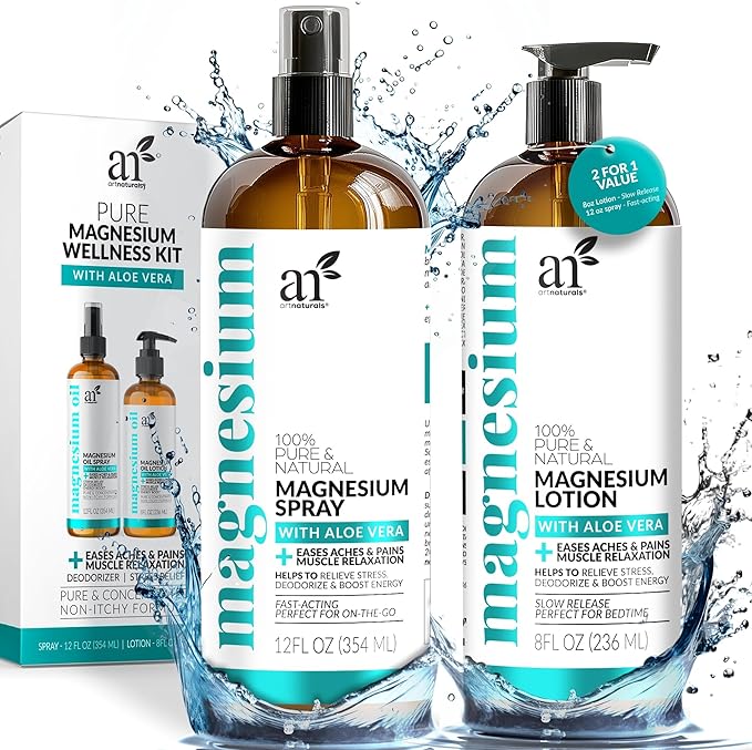Artnaturals ArtNaturals Magnesium Oil Spray 12 oz + Body Massage Lotion Set 8oz for Feet & Sleep - Extra Strength Cream Ultra-Pure, Relief & Relaxation, Muscle Health Leg & Joint Care Topical Non Itch Moisturiser