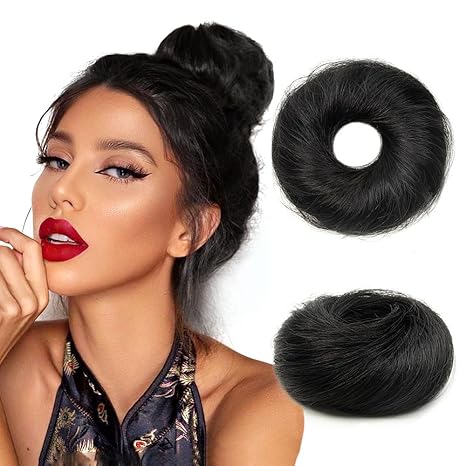 TANJET Messy Bun Hair Piece Human Hair Wavy Stretchy Jet Black 100% Real Human Hair Scrunchies Hair Bun Donut Elegant Chignon with Elastic Rubber Band Human Hair Tousled Updo Extension (#1 Jet Black) skincare