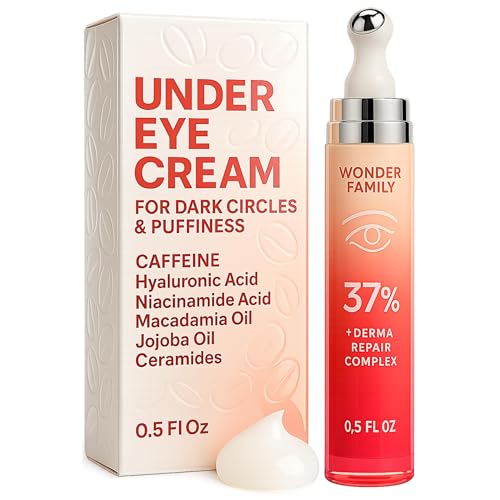 WONDER FAMILY Caffeine Under Eye Cream for Puffiness and Bags Under Eyes - Roller for Puffy Eyes and Dark Circles Under Eye Treatment for Women, Men - Hyaluronic Acid and Niacinamide Serum - Face Puffiness Reducer Serum