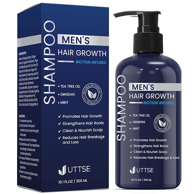 Uttse Biotion Hair Growth Shampoo for Men: Natural Thickening Shampoo with Tea Tree Oil Ginseng Mint for Hair Loss and Thinning Hair - 10.1 fl.oz, Dark Blue skincare