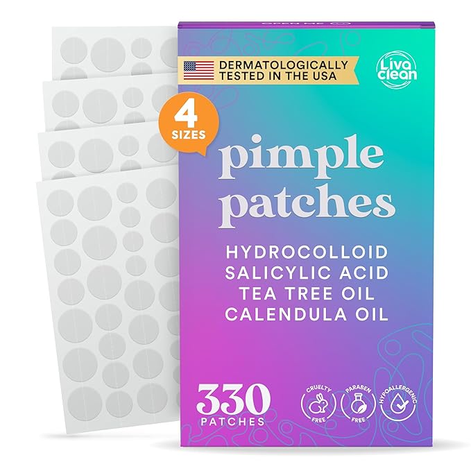 LivaClean LivaClean 330 CT Pimple Patches for Face w/Salicylic Acid, Tea Tree Oil & Calendula Oil - Four Sizes - Pimple Patch, Hydrocolloid Patch, Acne Patches for Face skincare