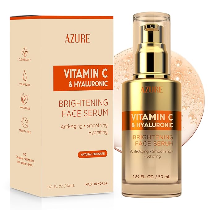 Azure Cosmetics Azure Vitamin C Serum for Face with Hyaluronic Acid – Hydrating & Revitalizing Formula For Dry, Dull, Aging Skin – Dermatologist Tested, Anti-Aging, Korean Skin Care – Vegan Clean Beauty – 1.69 Fl Oz Serum
