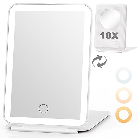 Auxmir Auxmir Rechargeable Travel Makeup Mirror with Light, Lighted Compact Vanity Mirror with 1x/10X Magnification, 3 Dimmable Color LED Lights, Foldable Ultraslim Lightweight Portable Cosmetic Mirror skincare