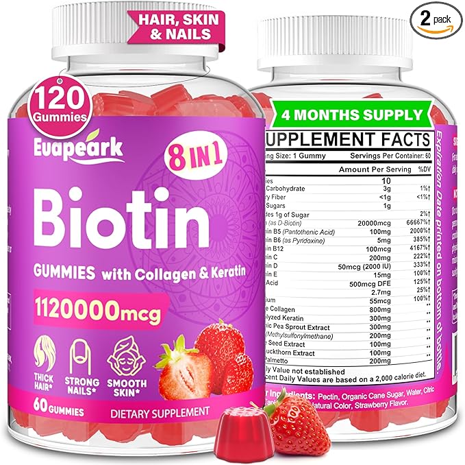 Euapeark (2 Packs)Biotin Gummies for Women and Men, Max Strength 20,000 mcg Biotin with Collagen, Keratin & Folic Acid, 8-in-1 Advanced Formula for Hair Growth, Strong Nails & Smooth Skin, Vegan, 120 Counts skincare