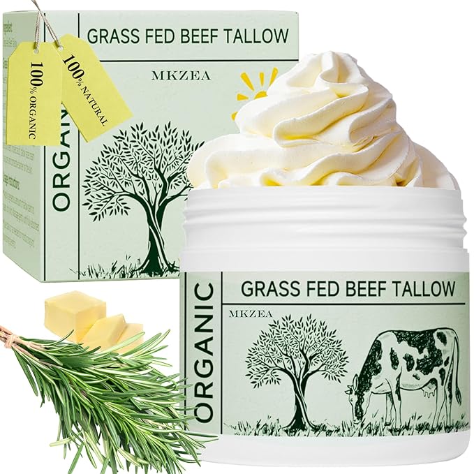mkzea Beef Tallow, Tallow Face Moisturizer, Beef Tallow for Skin, Unscented 100% Organic Beef Tallow Blam Grass Fed Finished Whipped Tallow Face Cream Moisturizer Body Lotion Skin Care for Sensitive Skin Moisturiser