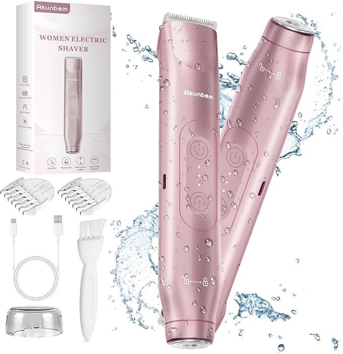 Akunbem Akunbem Bikini Trimmer for Women - 2 in 1 Electric Razors for Women - Dual Head Electric Shaver - IPX7 Waterproof Wet & Dry Use Body Hair Trimmer and Facial Hair Remover for Bikini Underarm Leg Arm skincare
